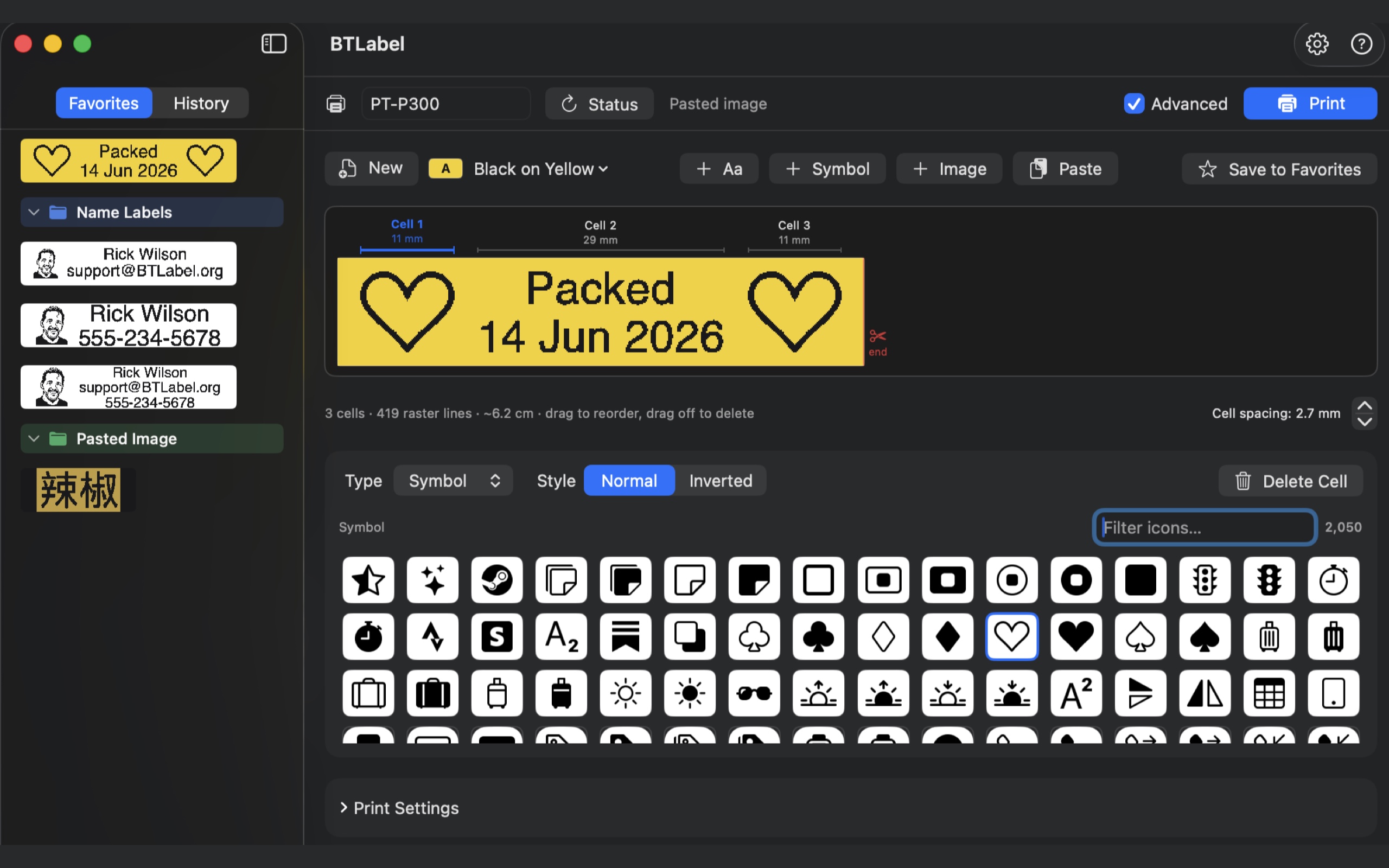 BTLabel editor with icon picker, favorites folders, and a label on gold tape