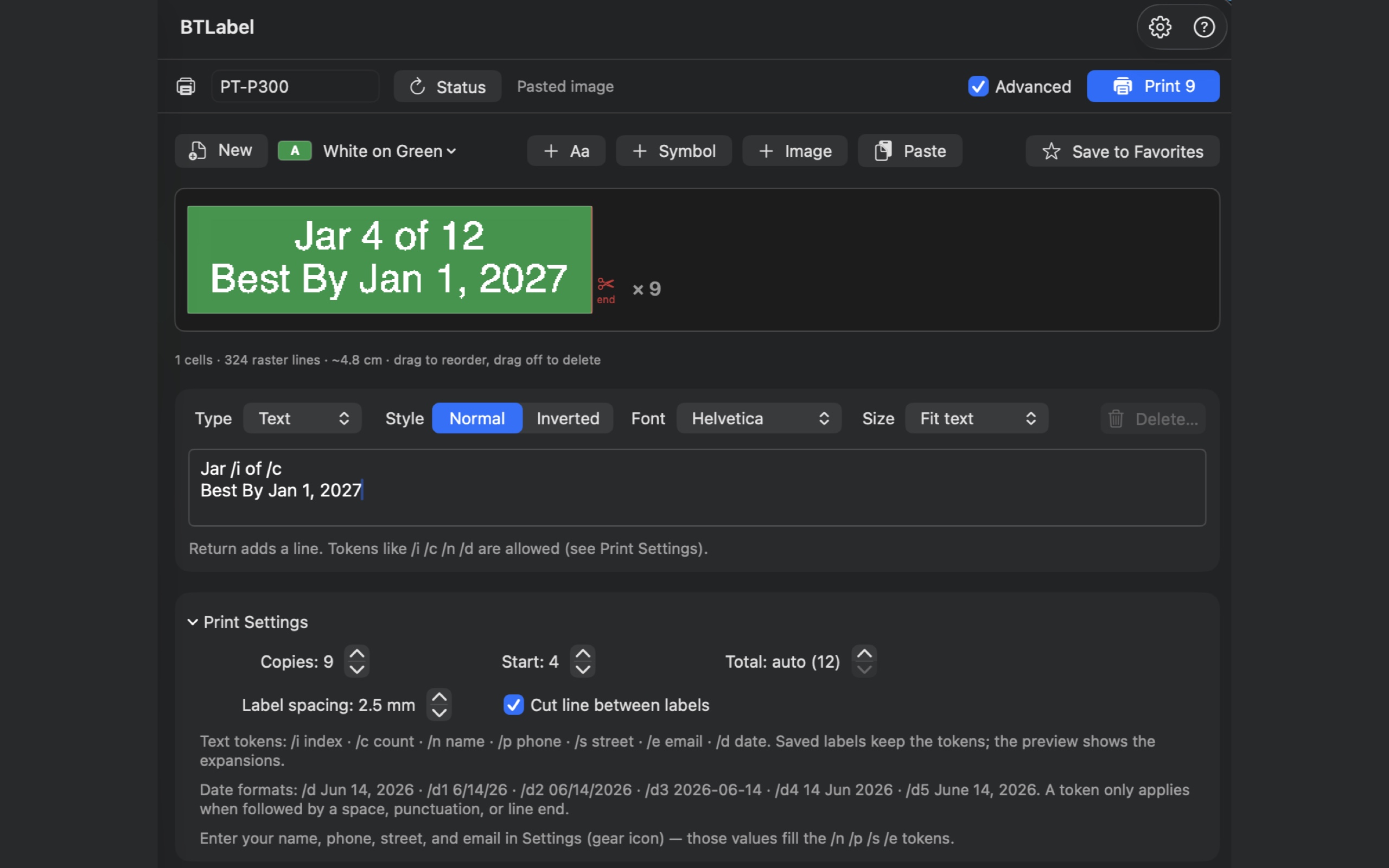 Multi-copy printing with numbering and date tokens